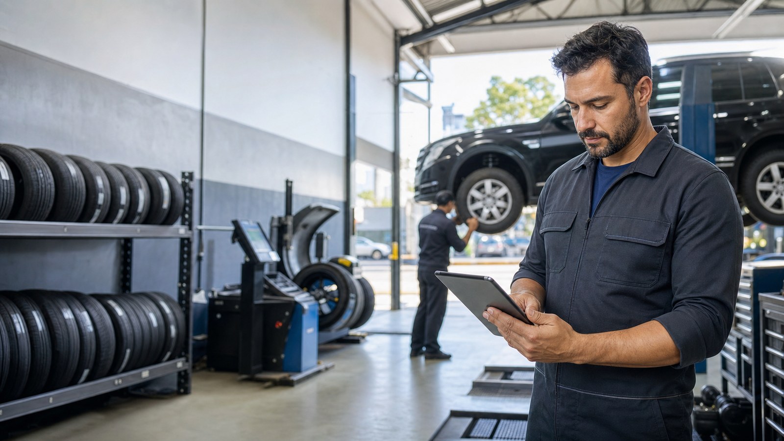 Gestor de auto center conferindo pneus, serviços e estoque em um tablet dentro da oficina